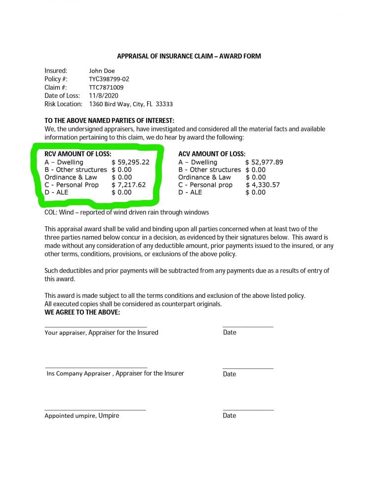 insurance appraisal award form