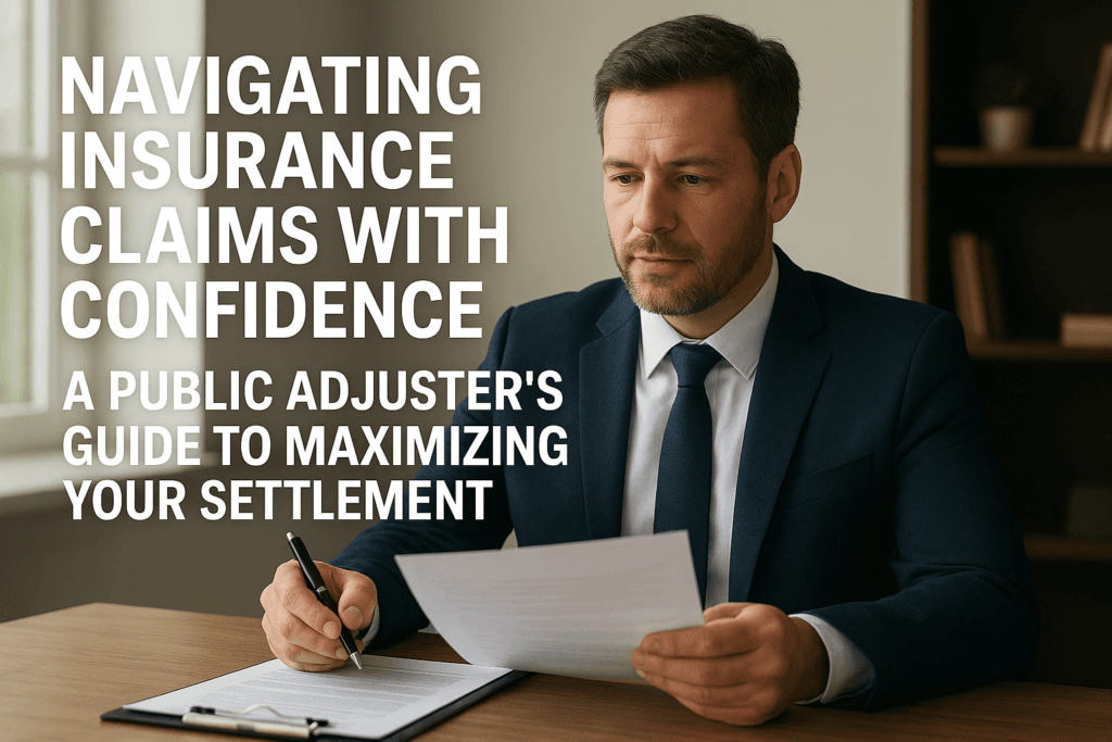 Public adjuster analyzing paperwork in an office, illustrating confidence and expertise in navigating insurance claims