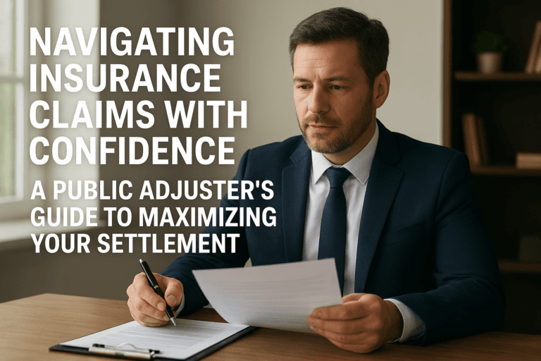 Public adjuster analyzing paperwork in an office, illustrating confidence and expertise in navigating insurance claims